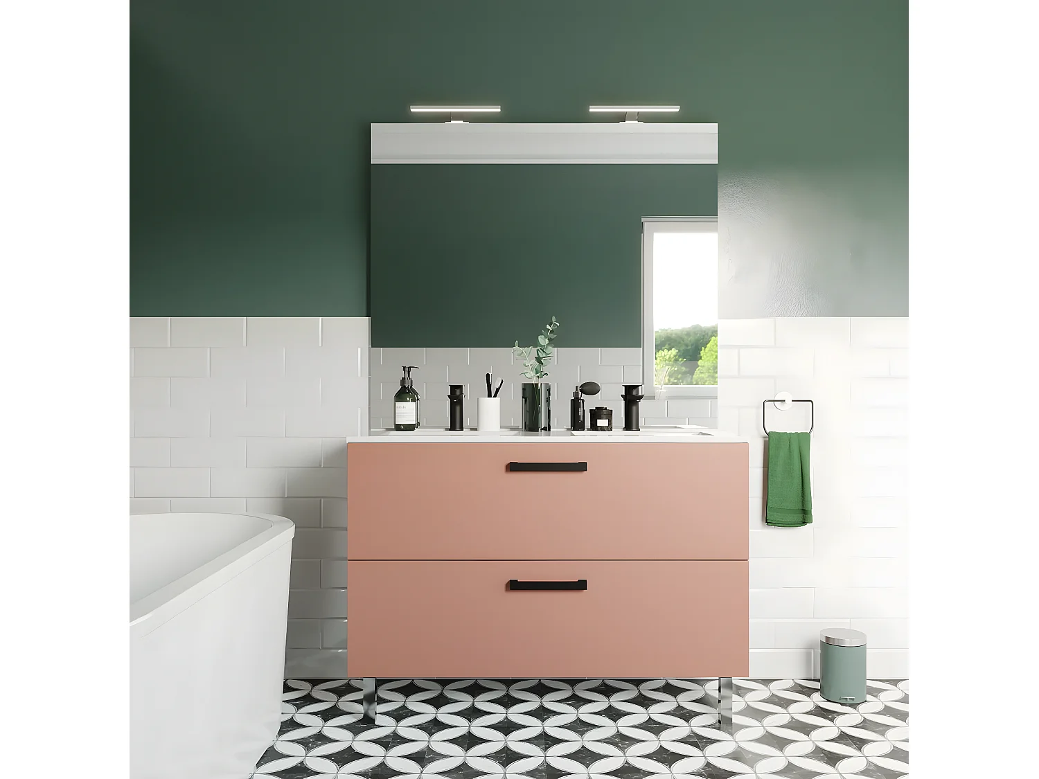 Meuble de salle de bain suspendu avec pieds double vasque intégrée 120cm 2 tiroirs Abricot + miroir - Chelsea