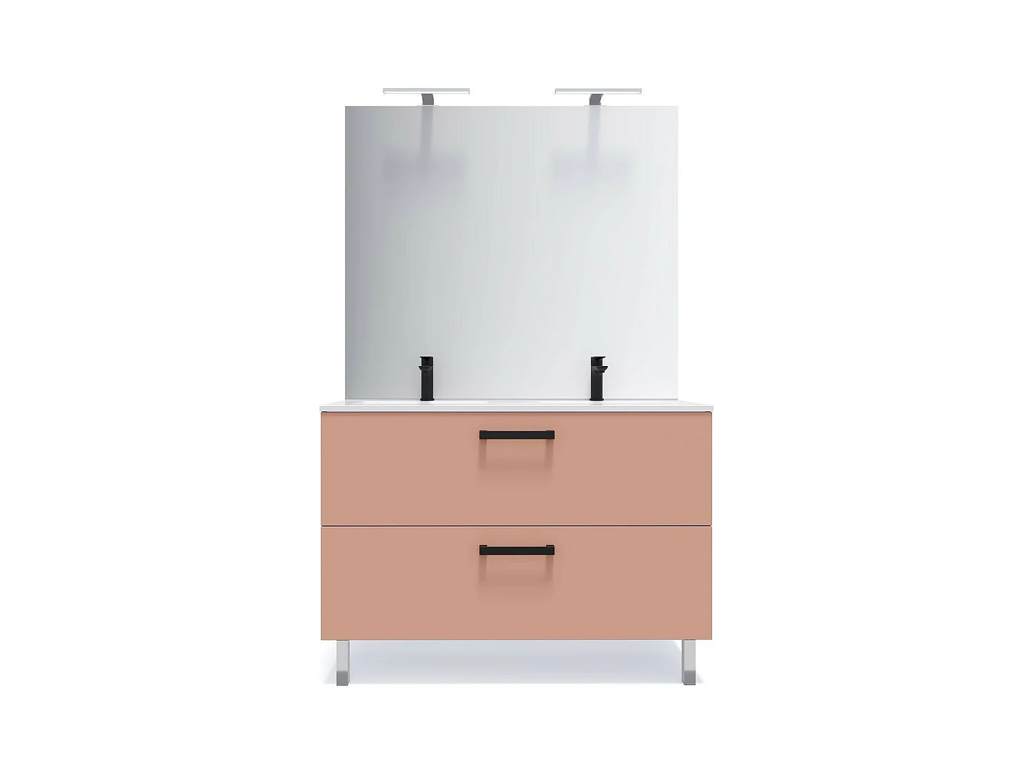 Meuble de salle de bain suspendu avec pieds double vasque intégrée 120cm 2 tiroirs Abricot + miroir - Chelsea