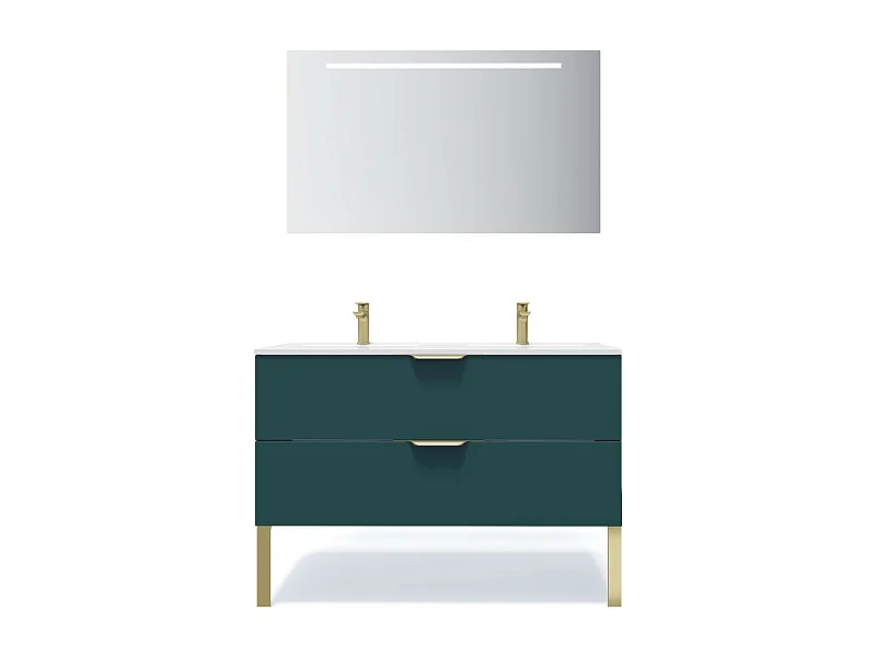 Meuble de salle de bain suspendu double vasque intégrée 120cm 2 tiroirs Bleu + miroir - Venice