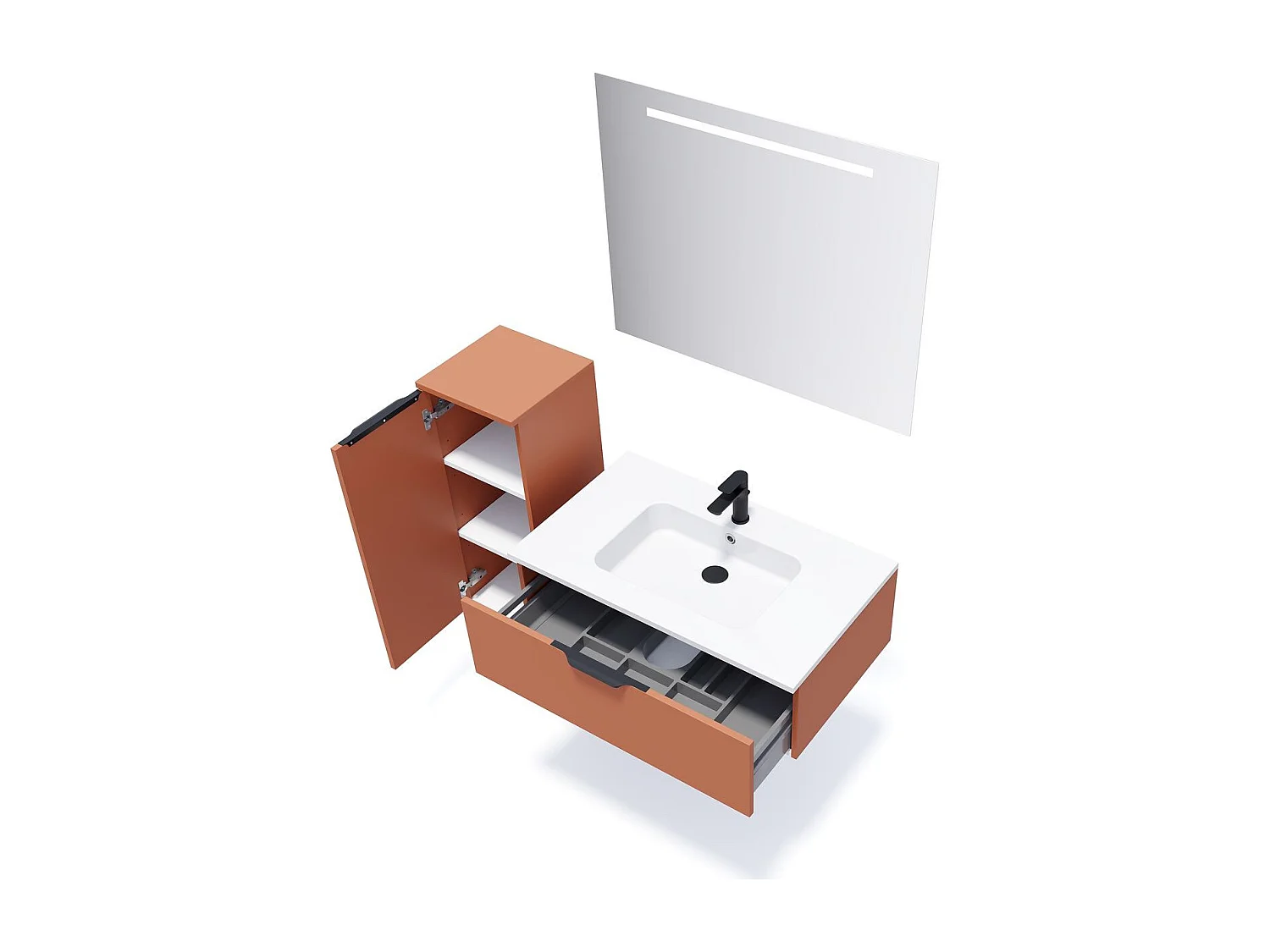 Meuble de salle de bain suspendu vasque intégrée 90cm 1 tiroir Terracotta - Soho