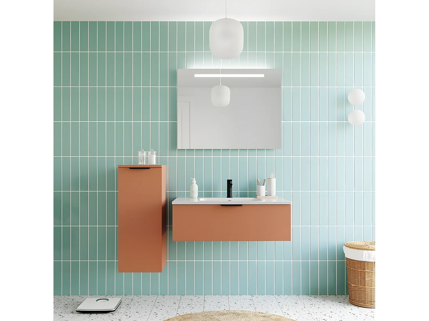 Meuble de salle de bain suspendu vasque intégrée 90cm 1 tiroir Terracotta - Soho
