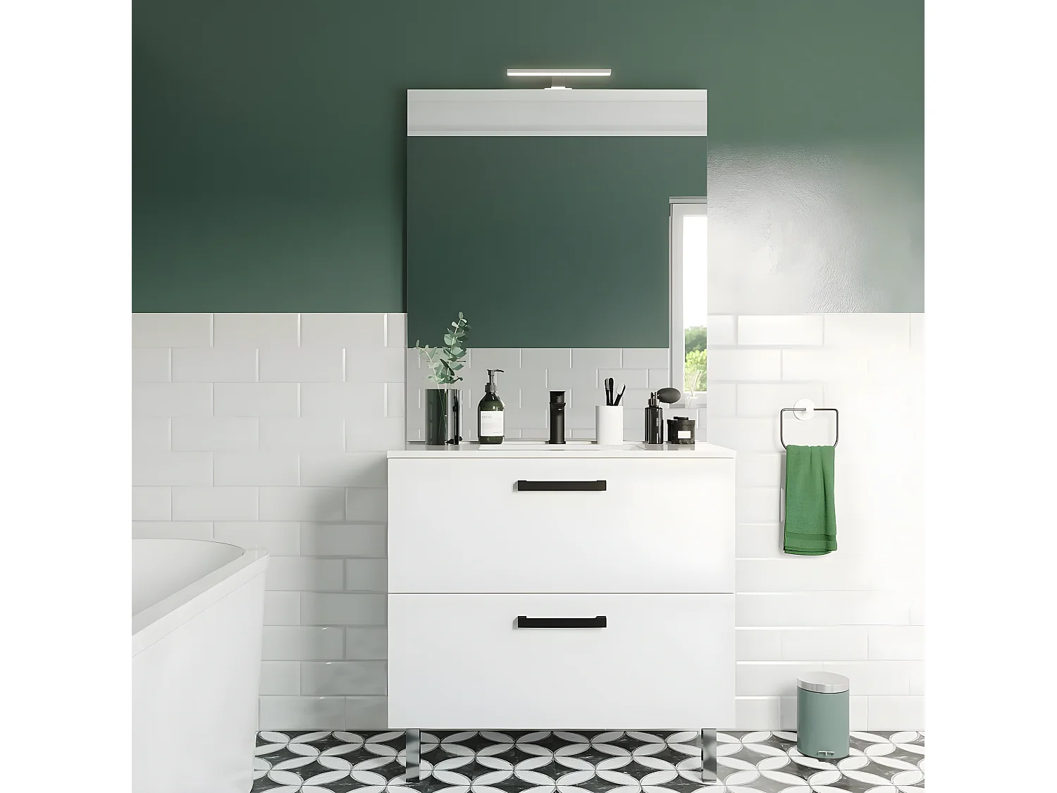 Meuble de salle de bain suspendu avec pieds vasque intégrée 90cm 2 tiroirs Blanc + miroir - Chelsea