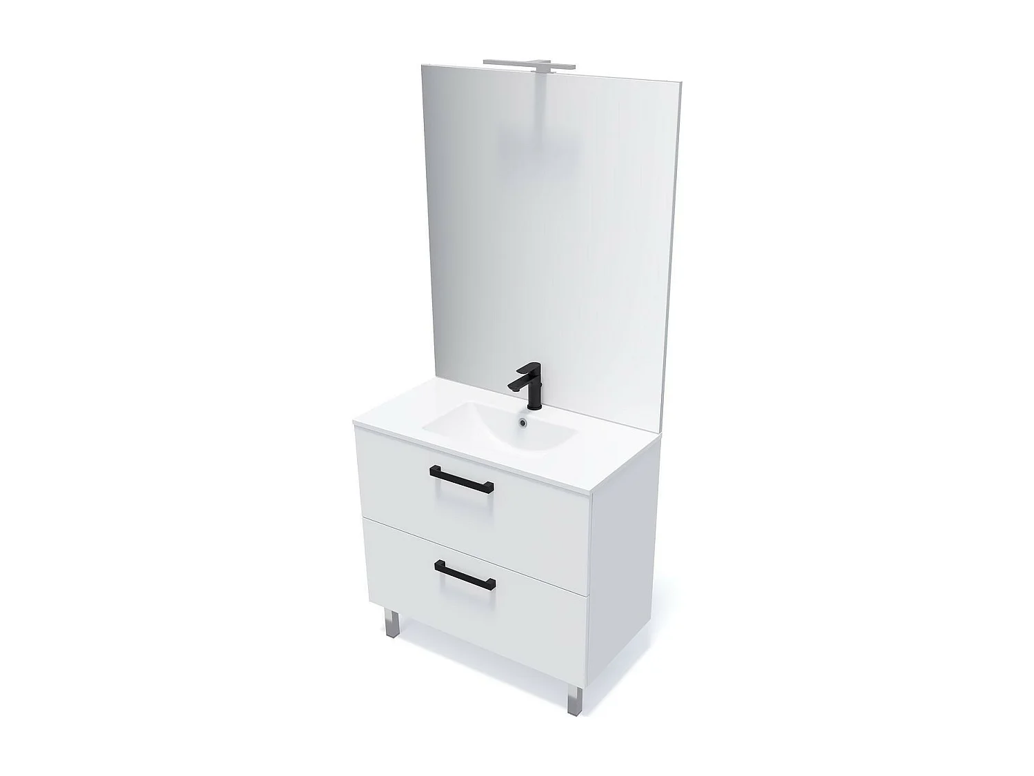 Meuble de salle de bain suspendu avec pieds vasque intégrée 90cm 2 tiroirs Blanc + miroir - Chelsea