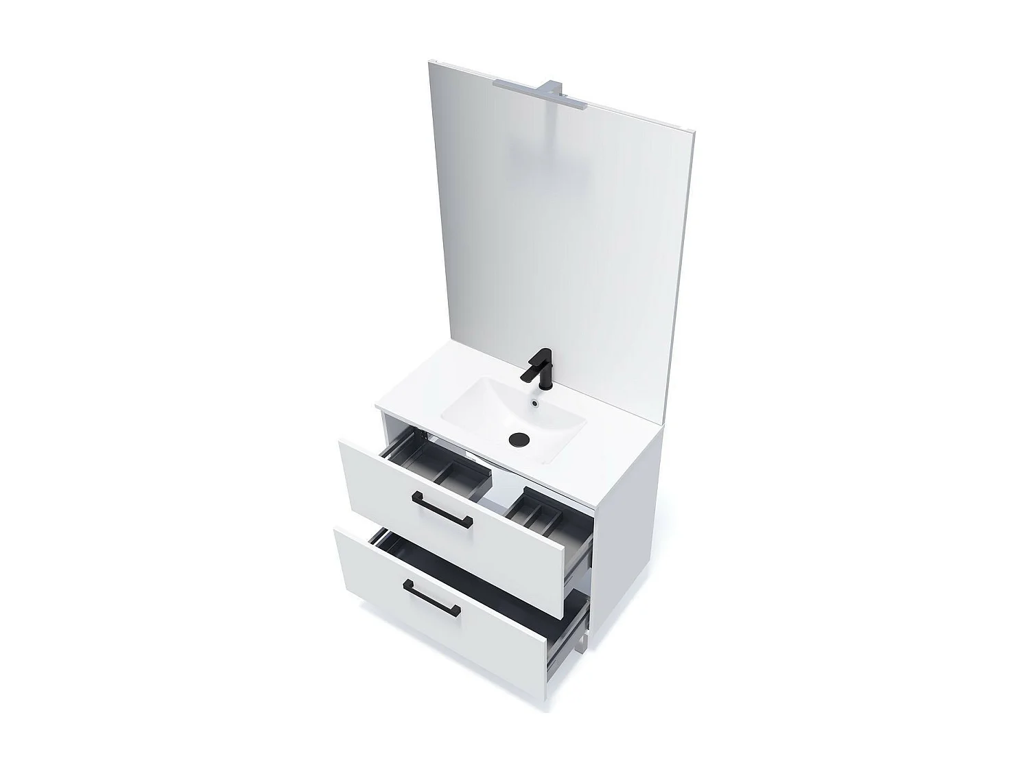 Meuble de salle de bain suspendu avec pieds vasque intégrée 90cm 2 tiroirs Blanc + miroir - Chelsea