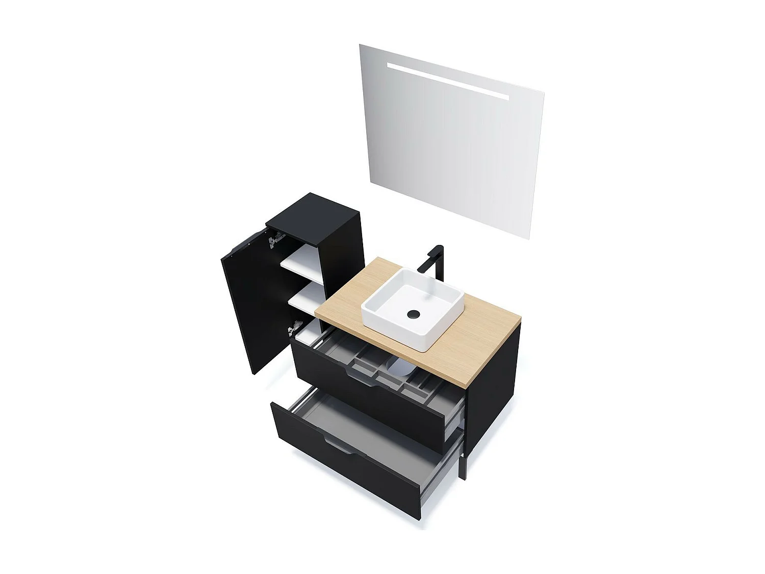 Meuble de salle de bain suspendu vasque à poser 90cm 2 tiroirs Noir + miroir - Soho