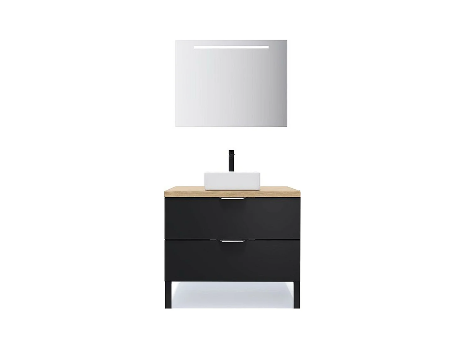 Meuble de salle de bain suspendu vasque à poser 90cm 2 tiroirs Noir + miroir - Soho
