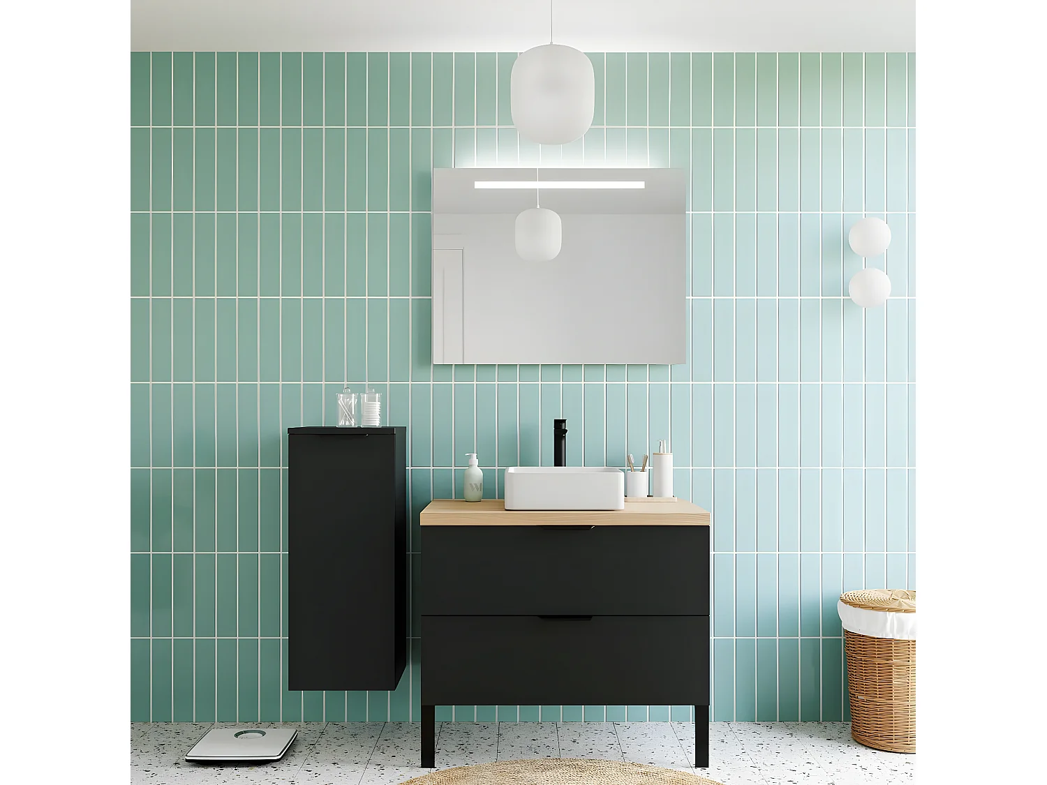 Meuble de salle de bain suspendu vasque à poser 90cm 2 tiroirs Noir + miroir - Soho