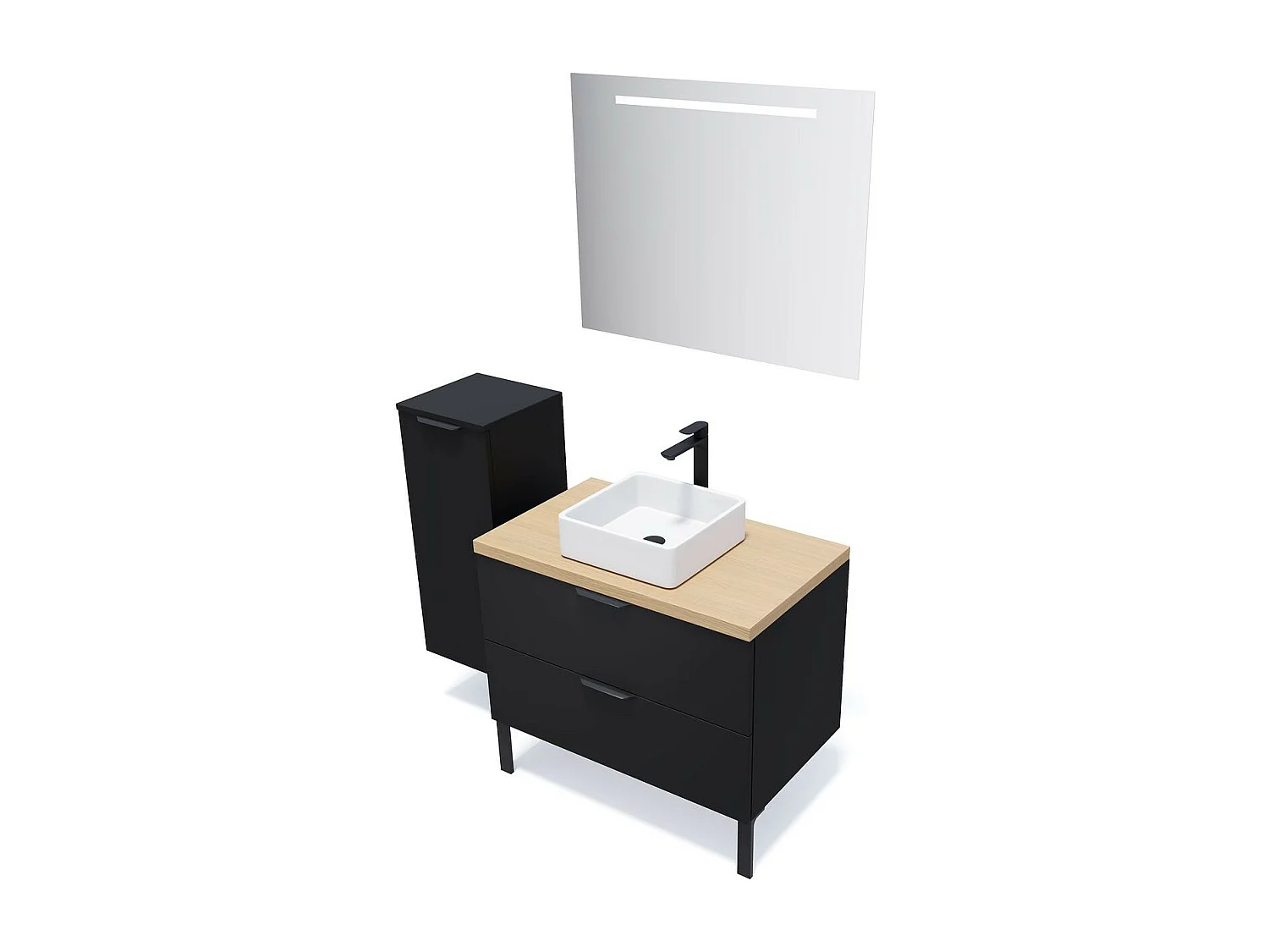 Meuble de salle de bain suspendu vasque à poser 90cm 2 tiroirs Noir + miroir - Soho