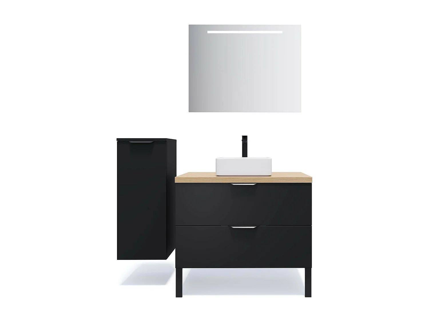 Meuble de salle de bain suspendu vasque à poser 90cm 2 tiroirs Noir + miroir - Soho
