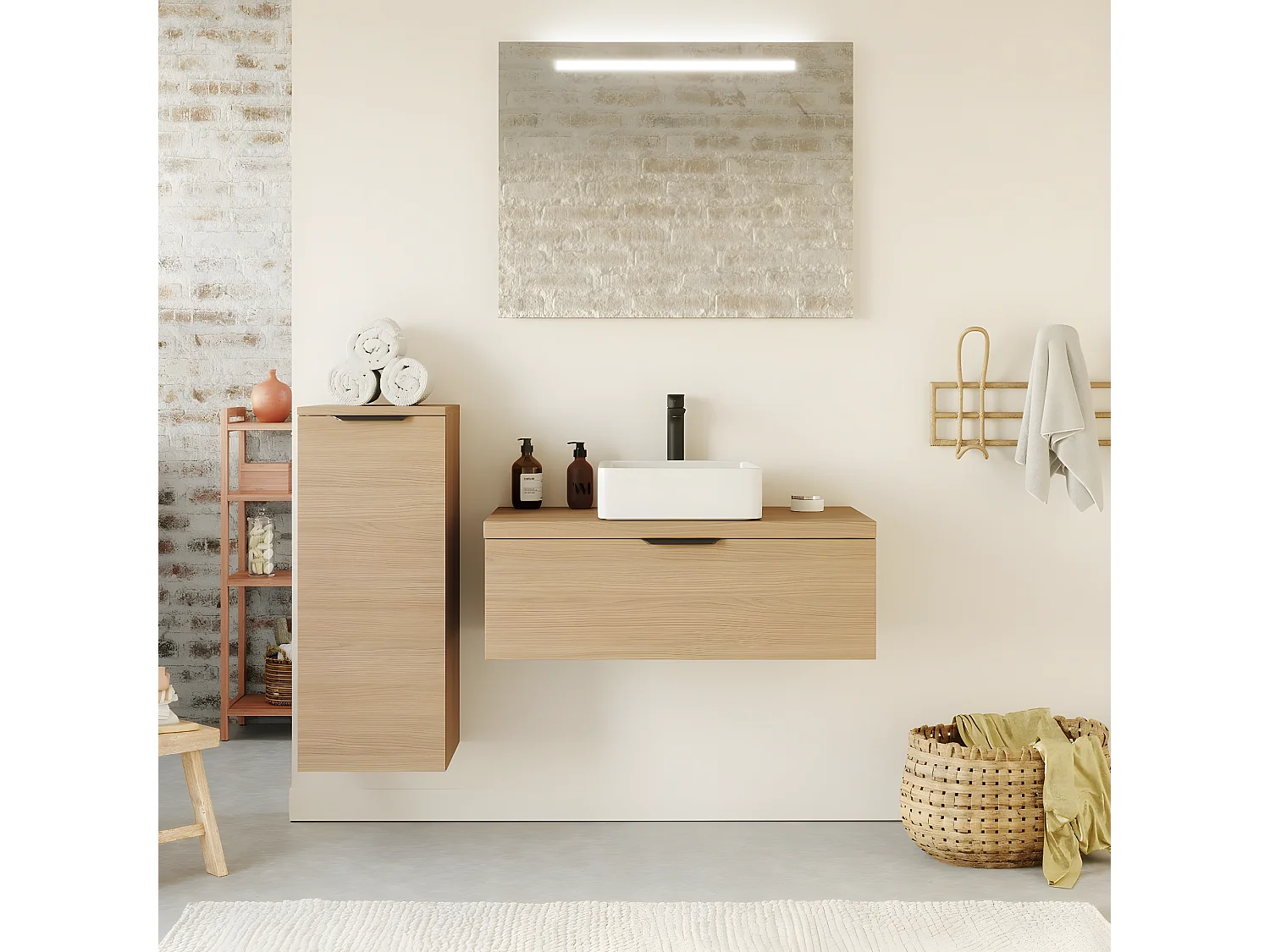 Meuble de salle de bain suspendu vasque à poser 90cm 1 tiroir Chêne clair - Venice