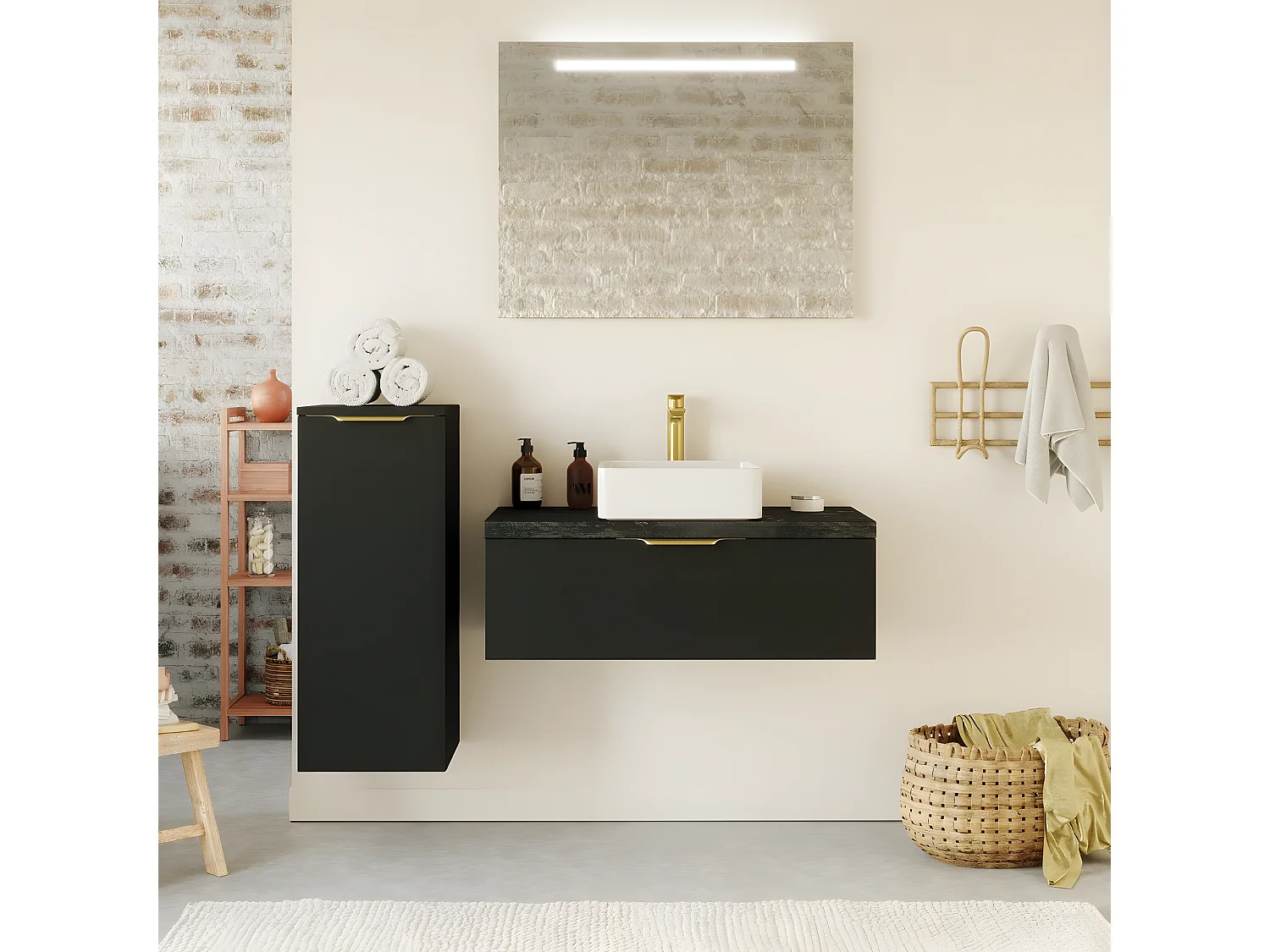 Meuble de salle de bain suspendu vasque à poser 90cm 1 tiroir Noir - Venice