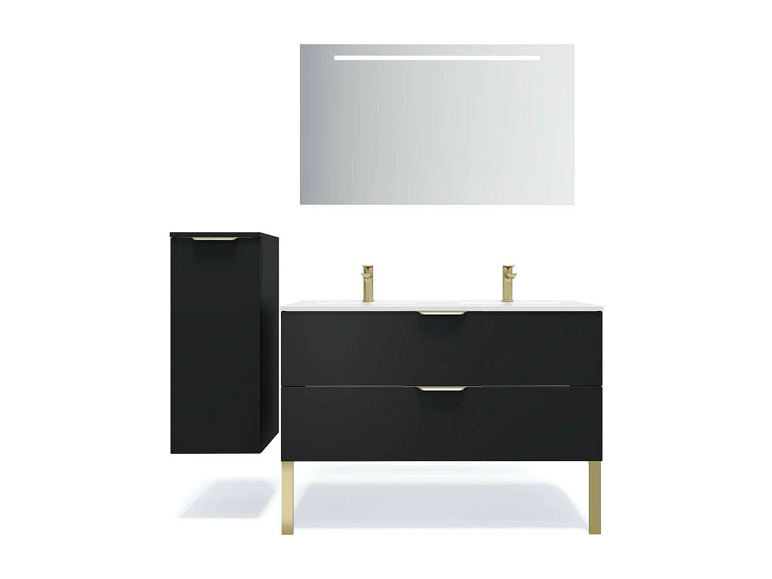 Meuble de salle de bain suspendu double vasque intégrée 120cm 2 tiroirs Noir + miroir - Venice