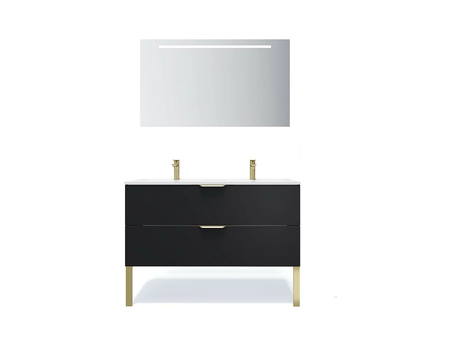 Meuble de salle de bain suspendu double vasque intégrée 120cm 2 tiroirs Noir + miroir - Venice