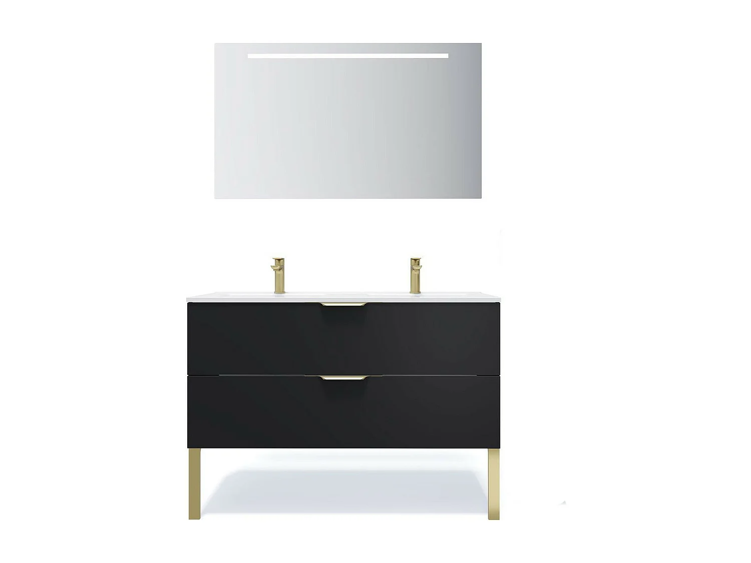 Meuble de salle de bain suspendu double vasque intégrée 120cm 2 tiroirs Noir + miroir - Venice