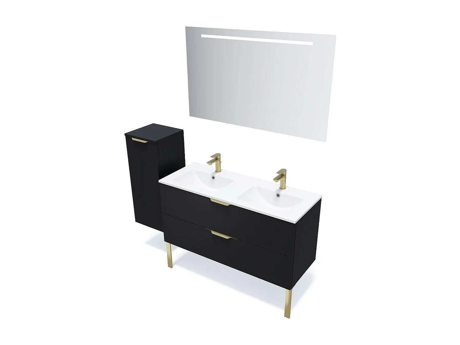 Meuble de salle de bain suspendu double vasque intégrée 120cm 2 tiroirs Noir + miroir - Venice