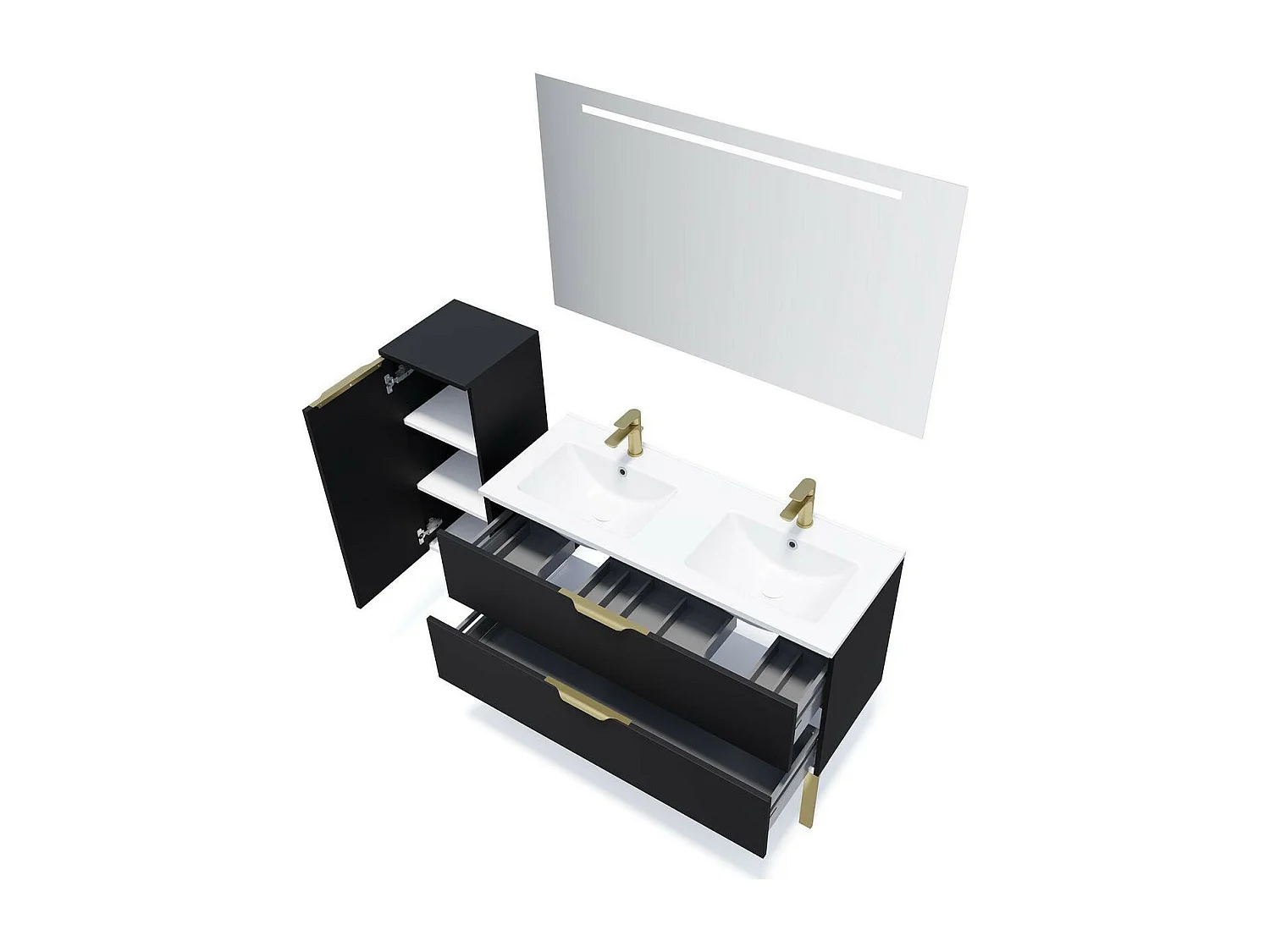 Meuble de salle de bain suspendu double vasque intégrée 120cm 2 tiroirs Noir + miroir - Venice