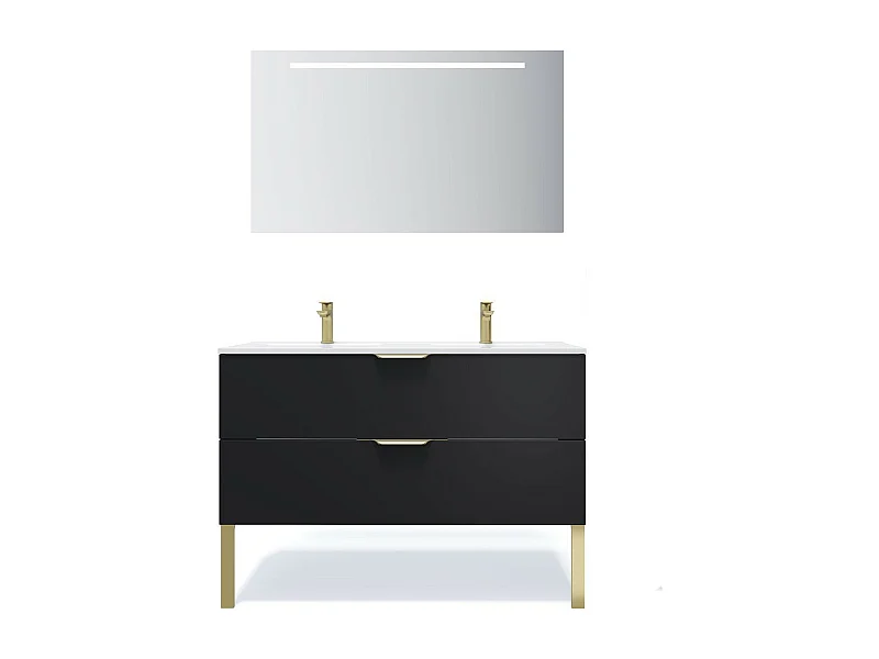 Meuble de salle de bain suspendu double vasque intégrée 120cm 2 tiroirs Noir + miroir - Venice
