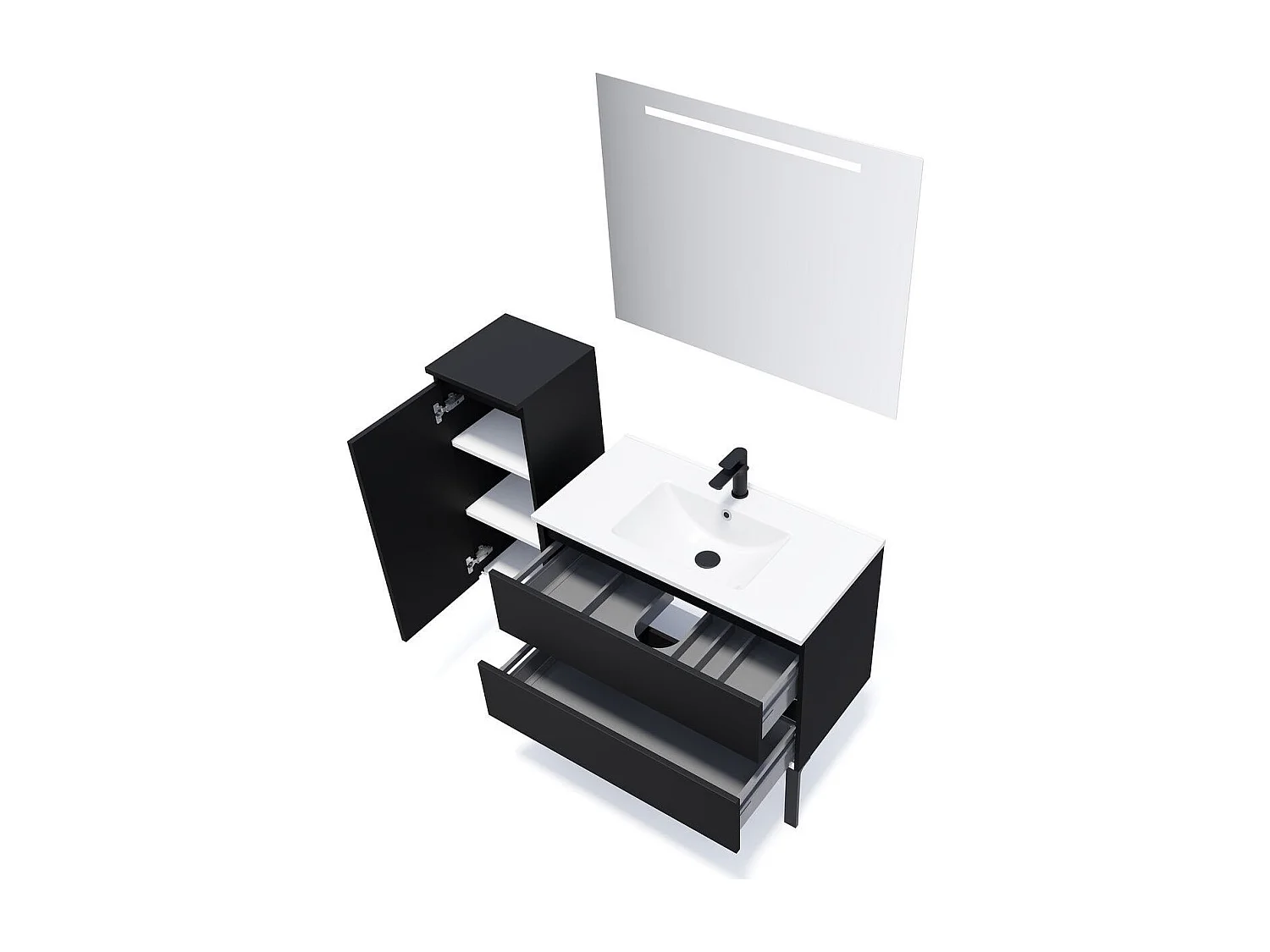 Meuble de salle de bain suspendu vasque intégrée 90cm 2 tiroirs Noir - Hudson