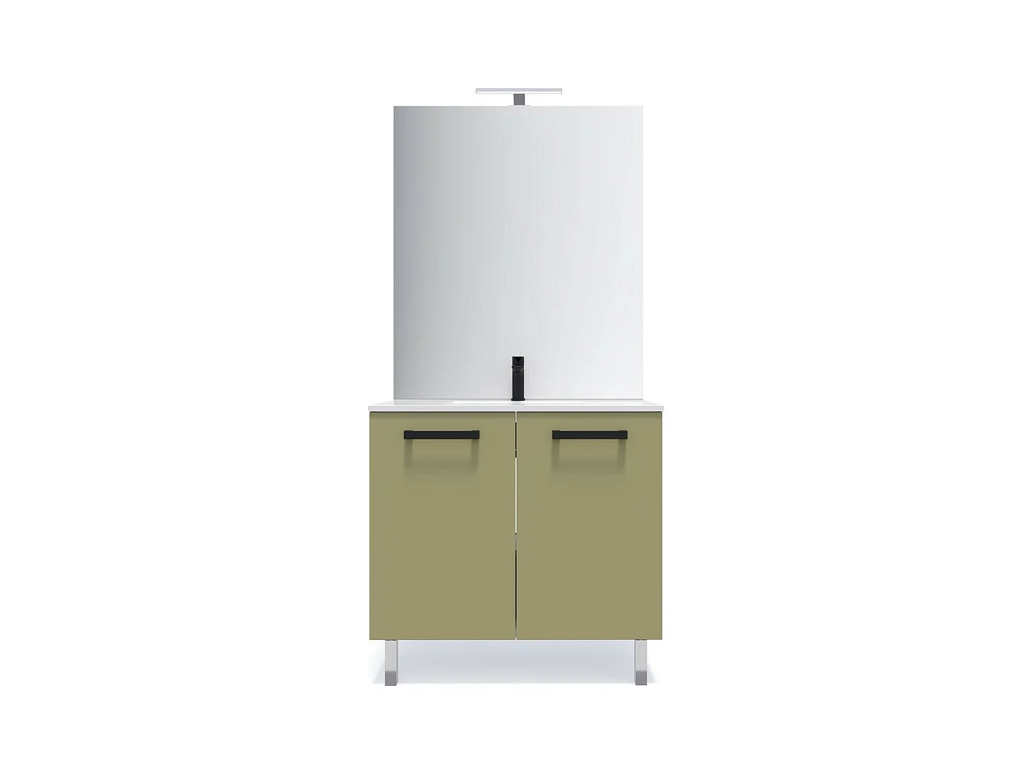 Meuble de salle de bain suspendu avec pieds vasque intégrée 90cm 2 portes Vert olive + miroir - Chelsea