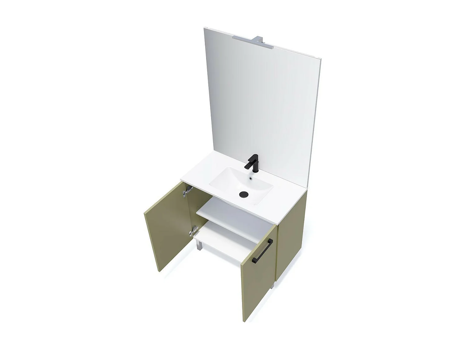 Meuble de salle de bain suspendu avec pieds vasque intégrée 90cm 2 portes Vert olive + miroir - Chelsea