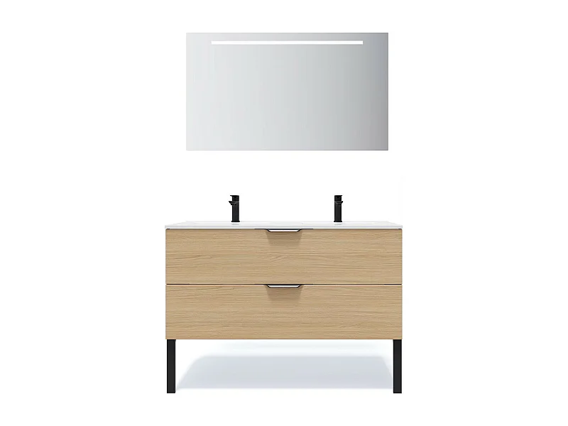 Meuble de salle de bain suspendu double vasque intégrée 120cm 2 tiroirs Chêne clair + miroir - Venice