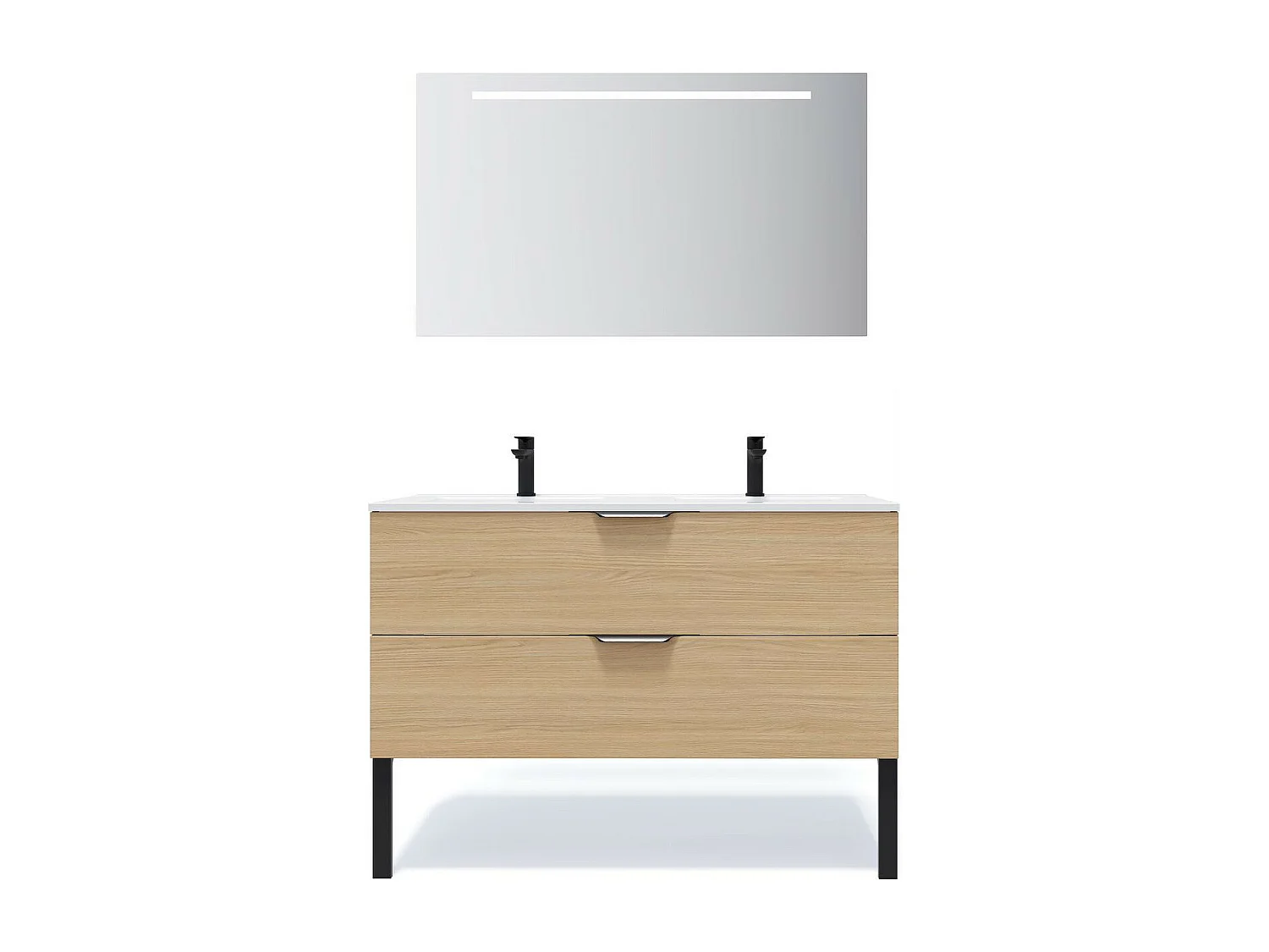 Meuble de salle de bain suspendu double vasque intégrée 120cm 2 tiroirs Chêne clair + miroir - Venice
