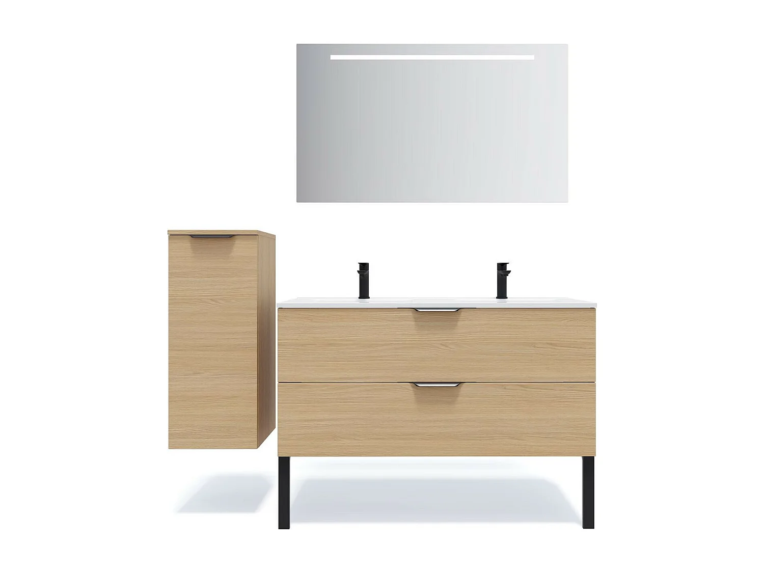 Meuble de salle de bain suspendu double vasque intégrée 120cm 2 tiroirs Chêne clair + miroir - Venice