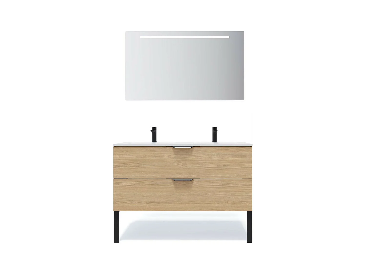 Meuble de salle de bain suspendu double vasque intégrée 120cm 2 tiroirs Chêne clair + miroir - Venice