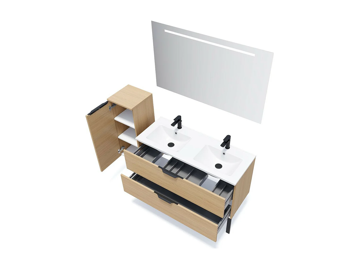 Meuble de salle de bain suspendu double vasque intégrée 120cm 2 tiroirs Chêne clair + miroir - Venice