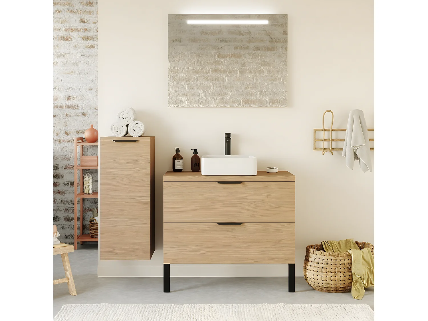 Meuble de salle de bain suspendu vasque à poser 90cm 2 tiroirs Chêne clair + miroir - Venice