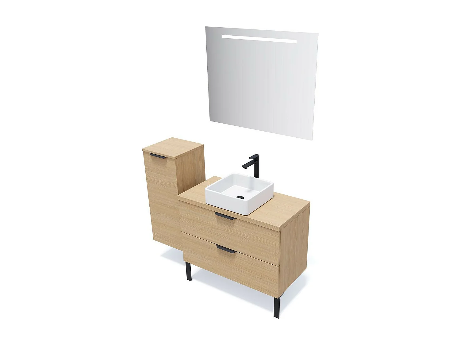 Meuble de salle de bain suspendu vasque à poser 90cm 2 tiroirs Chêne clair + miroir - Venice