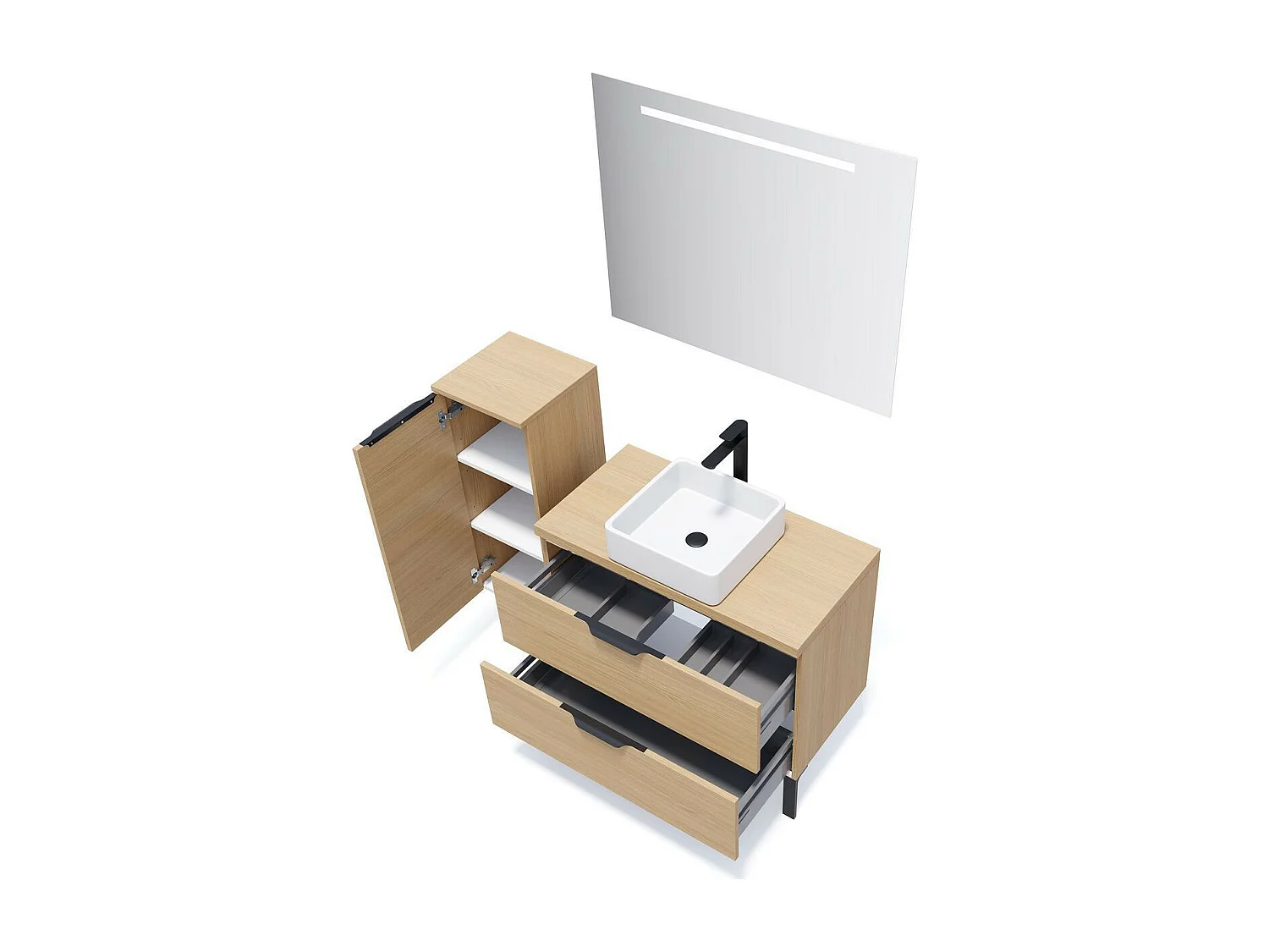 Meuble de salle de bain suspendu vasque à poser 90cm 2 tiroirs Chêne clair + miroir - Venice