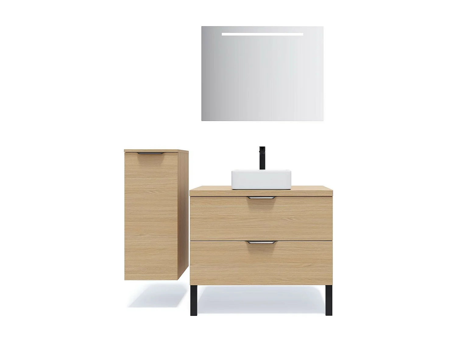 Meuble de salle de bain suspendu vasque à poser 90cm 2 tiroirs Chêne clair + miroir - Venice