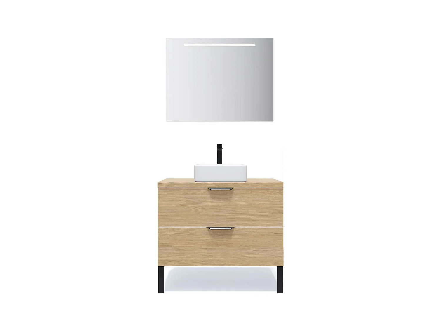 Meuble de salle de bain suspendu vasque à poser 90cm 2 tiroirs Chêne clair + miroir - Venice