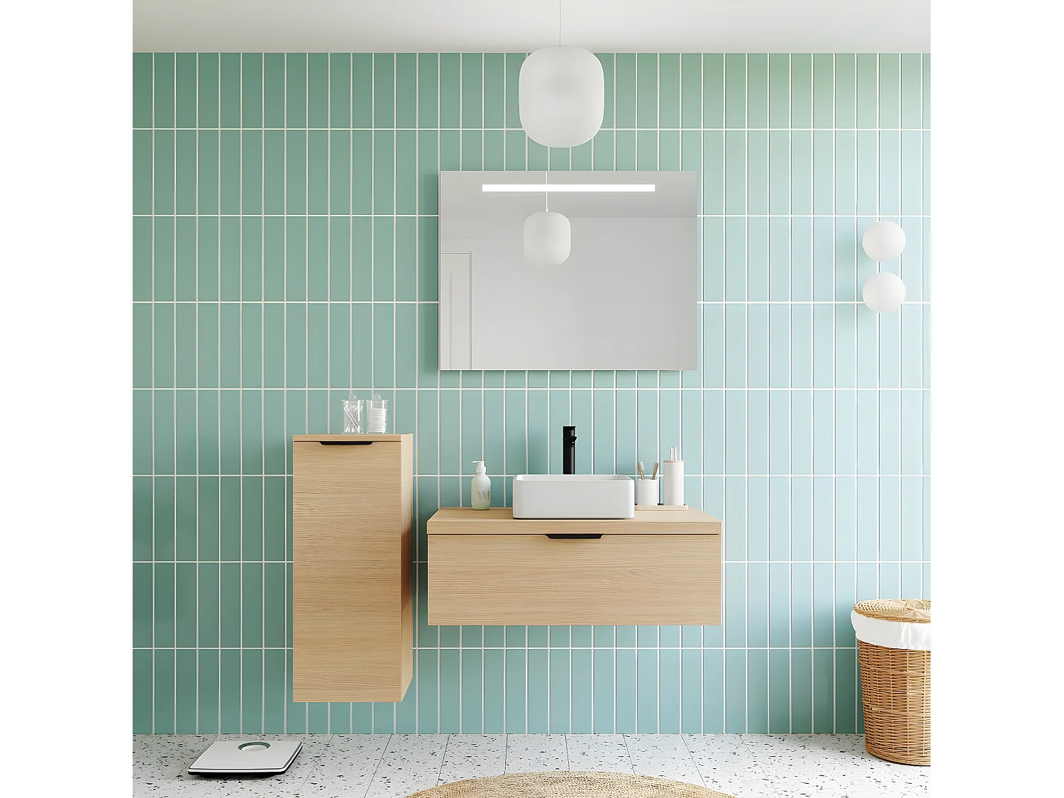 Meuble de salle de bain suspendu vasque à poser 90cm 1 tiroir Chêne clair - Soho