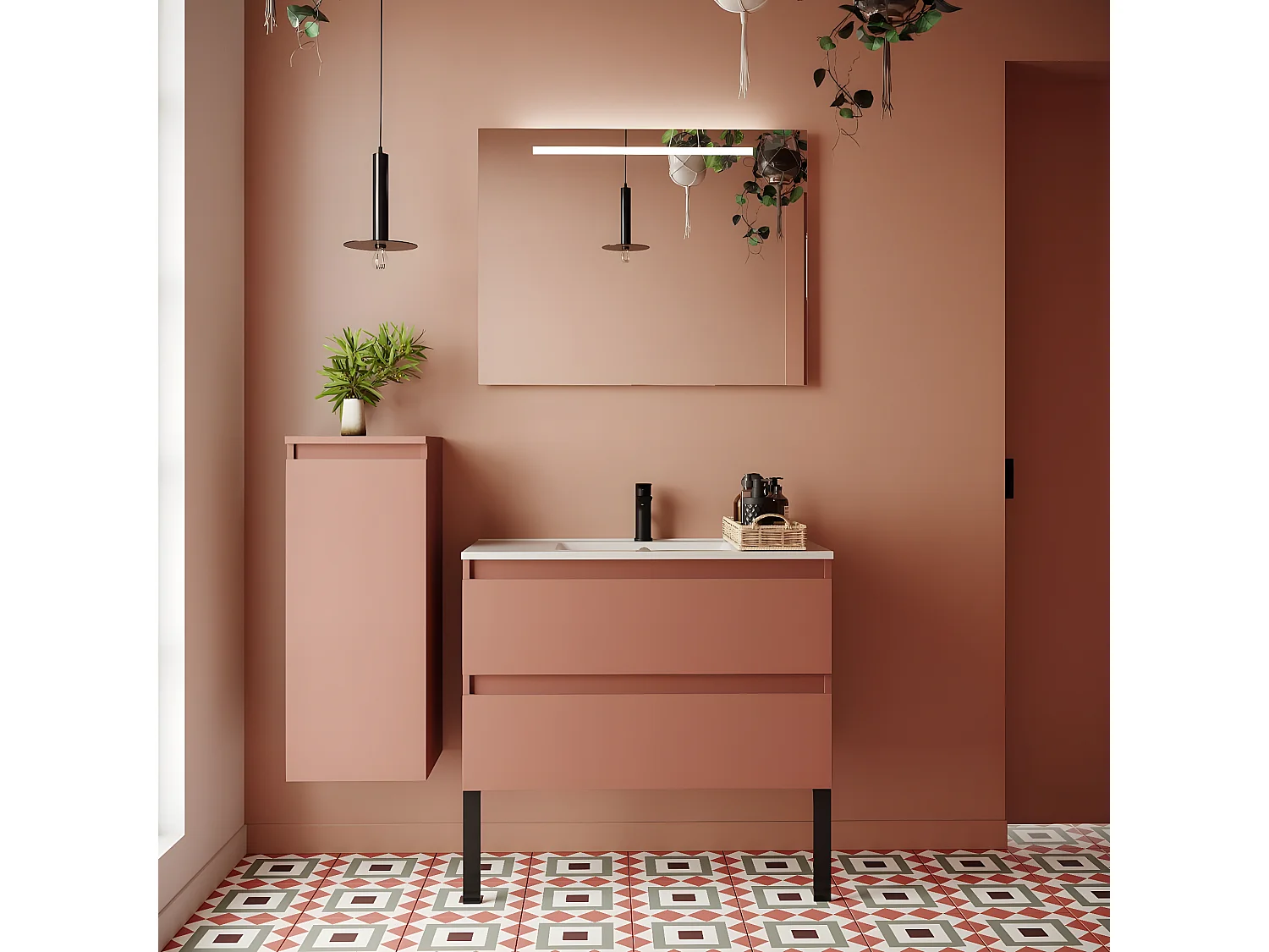 Meuble de salle de bain suspendu vasque intégrée 90cm 2 tiroirs Abricot - Hudson