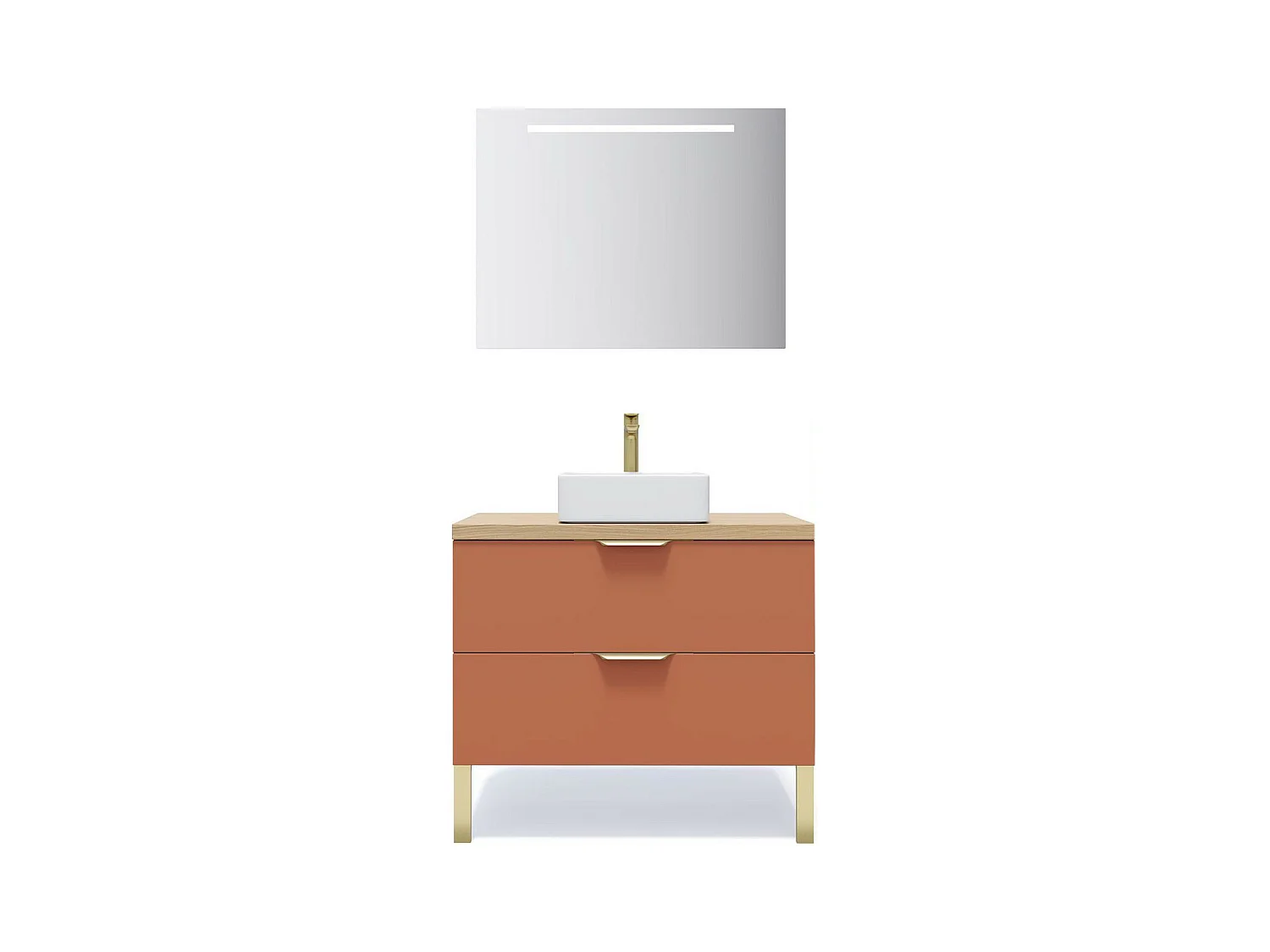 Meuble de salle de bain suspendu vasque à poser 90cm 2 tiroirs Terracotta + miroir - Venice