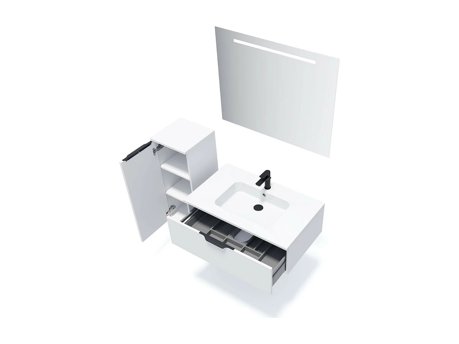 Meuble de salle de bain suspendu vasque intégrée 90cm 1 tiroir Blanc - Soho