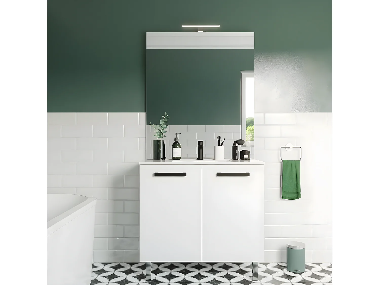 Meuble de salle de bain suspendu avec pieds vasque intégrée 90cm 2 portes Blanc + miroir - Chelsea