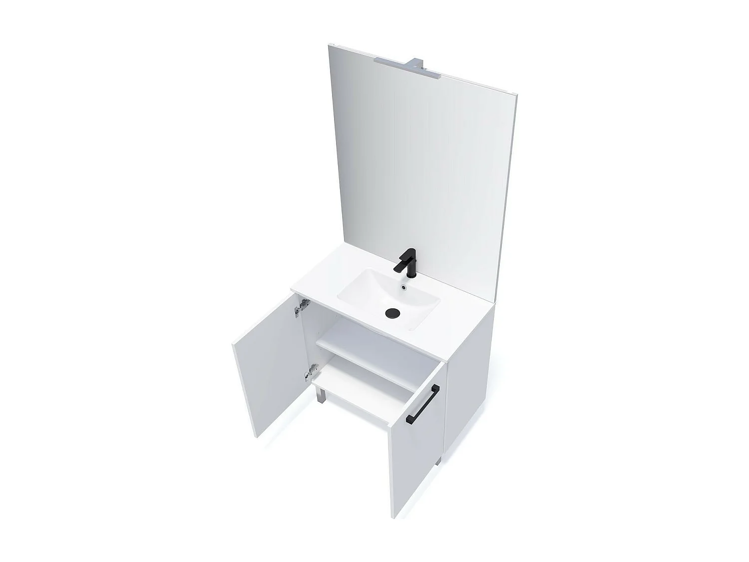 Meuble de salle de bain suspendu avec pieds vasque intégrée 90cm 2 portes Blanc + miroir - Chelsea