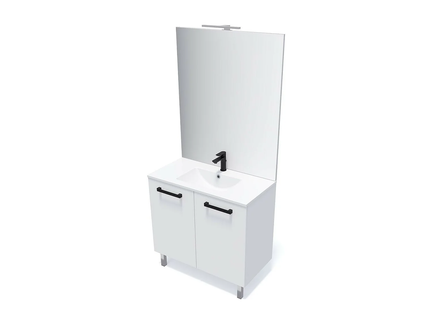 Meuble de salle de bain suspendu avec pieds vasque intégrée 90cm 2 portes Blanc + miroir - Chelsea