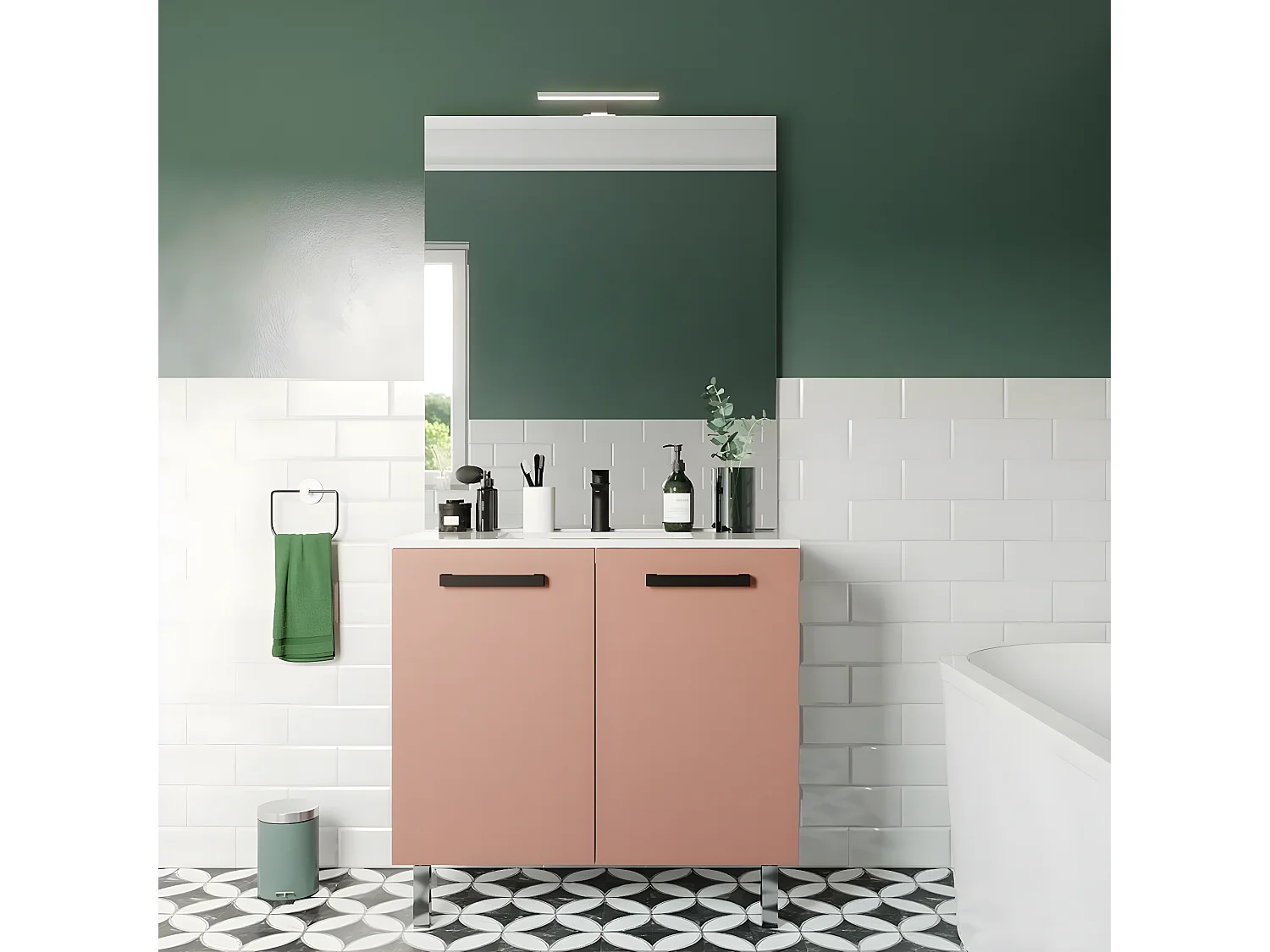 Meuble de salle de bain suspendu avec pieds vasque intégrée 90cm 2 portes Abricot + miroir - Chelsea