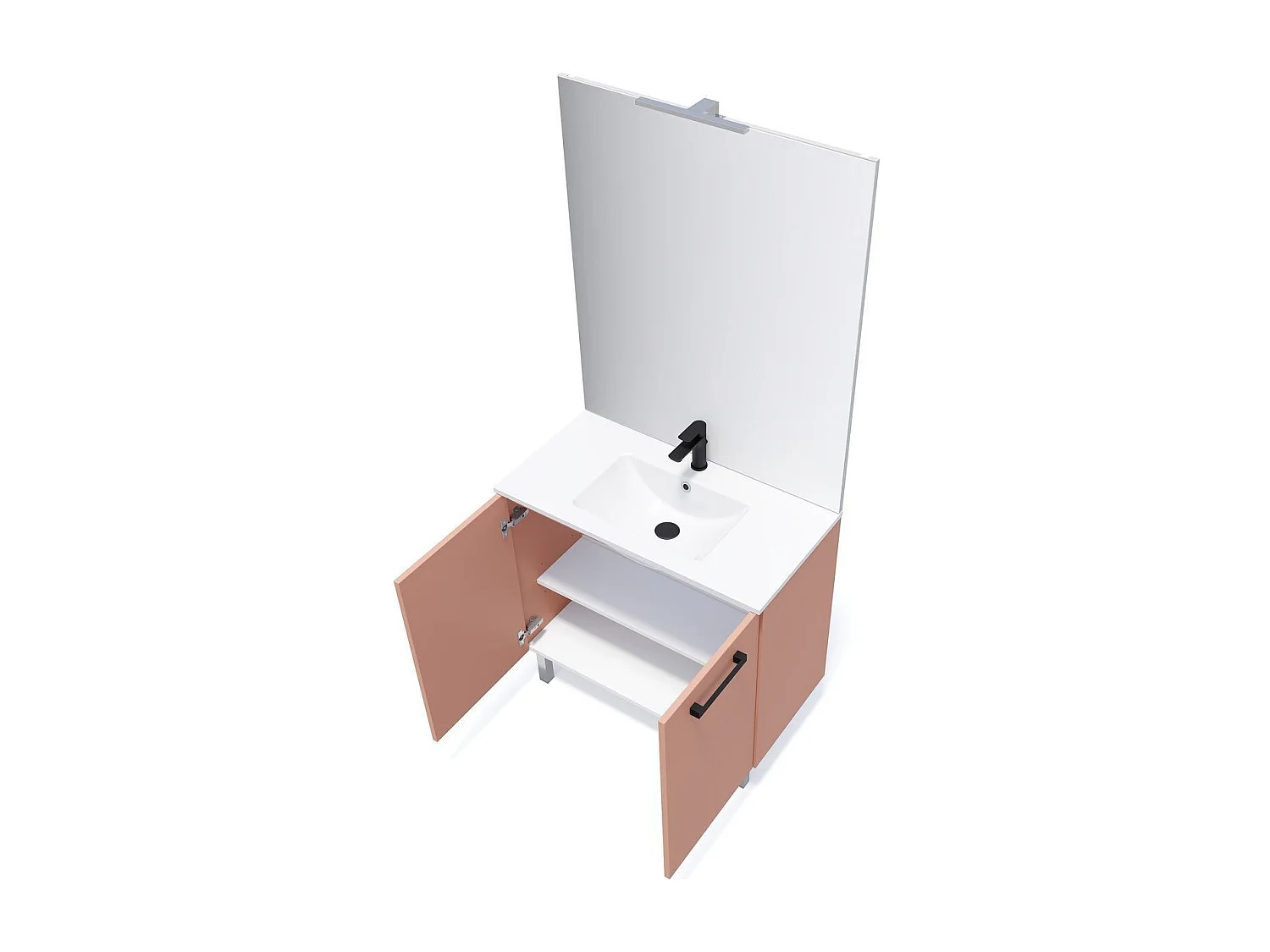 Meuble de salle de bain suspendu avec pieds vasque intégrée 90cm 2 portes Abricot + miroir - Chelsea