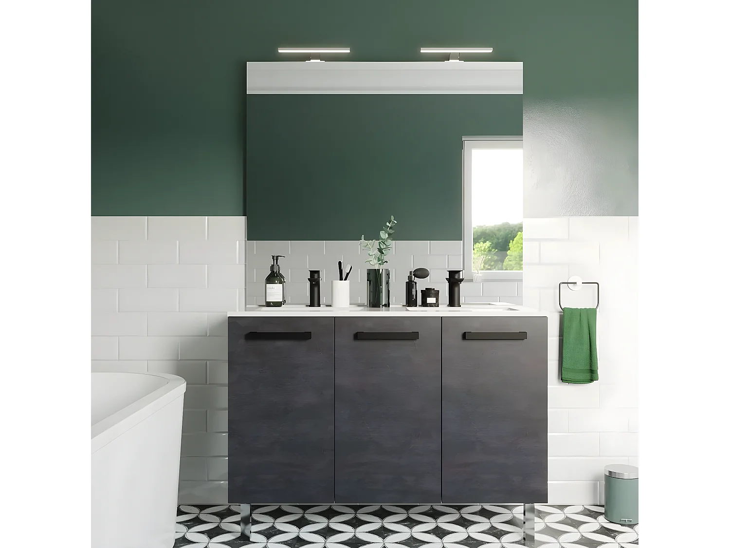 Meuble de salle de bain suspendu avec pieds double vasque intégrée 120cm 3 portes Ardoise métallisée + miroir - Chelsea