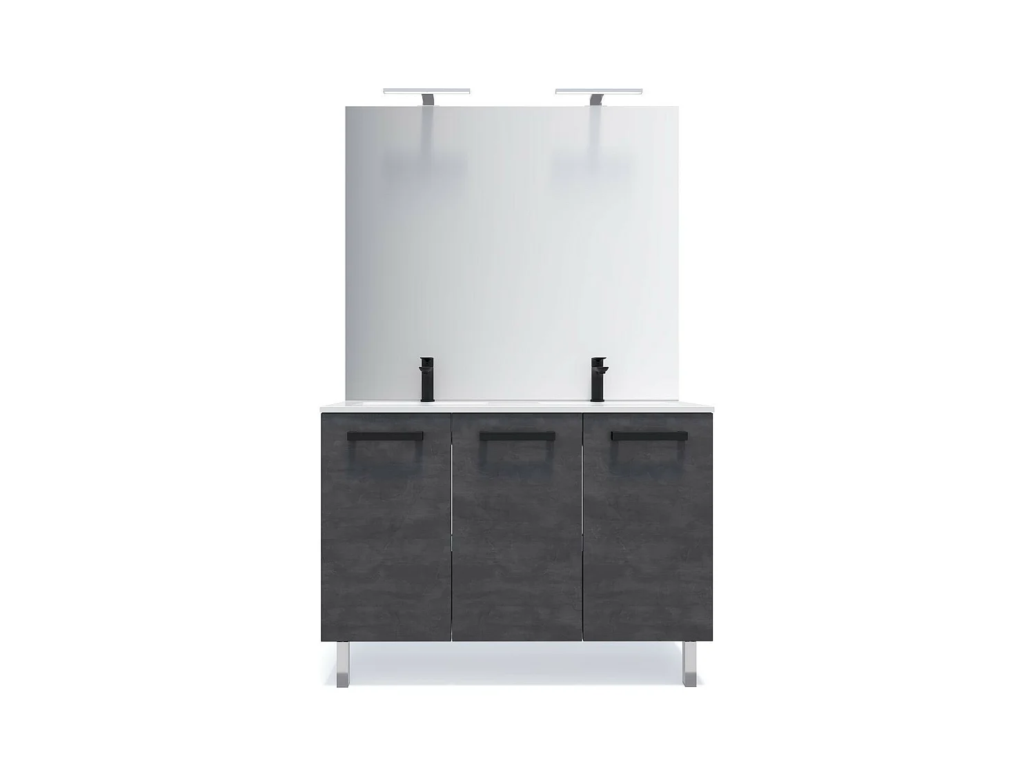 Meuble de salle de bain suspendu avec pieds double vasque intégrée 120cm 3 portes Ardoise métallisée + miroir - Chelsea