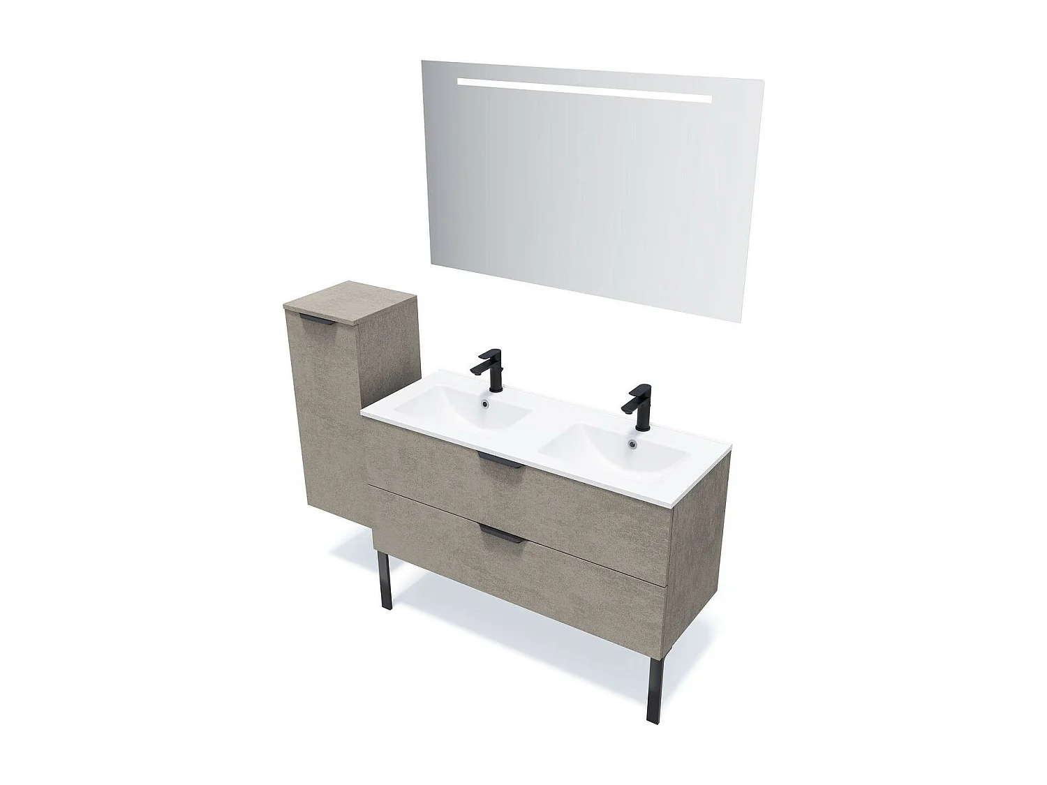 Meuble de salle de bain suspendu double vasque intégrée 120cm 2 tiroirs façon Béton + miroir - Venice