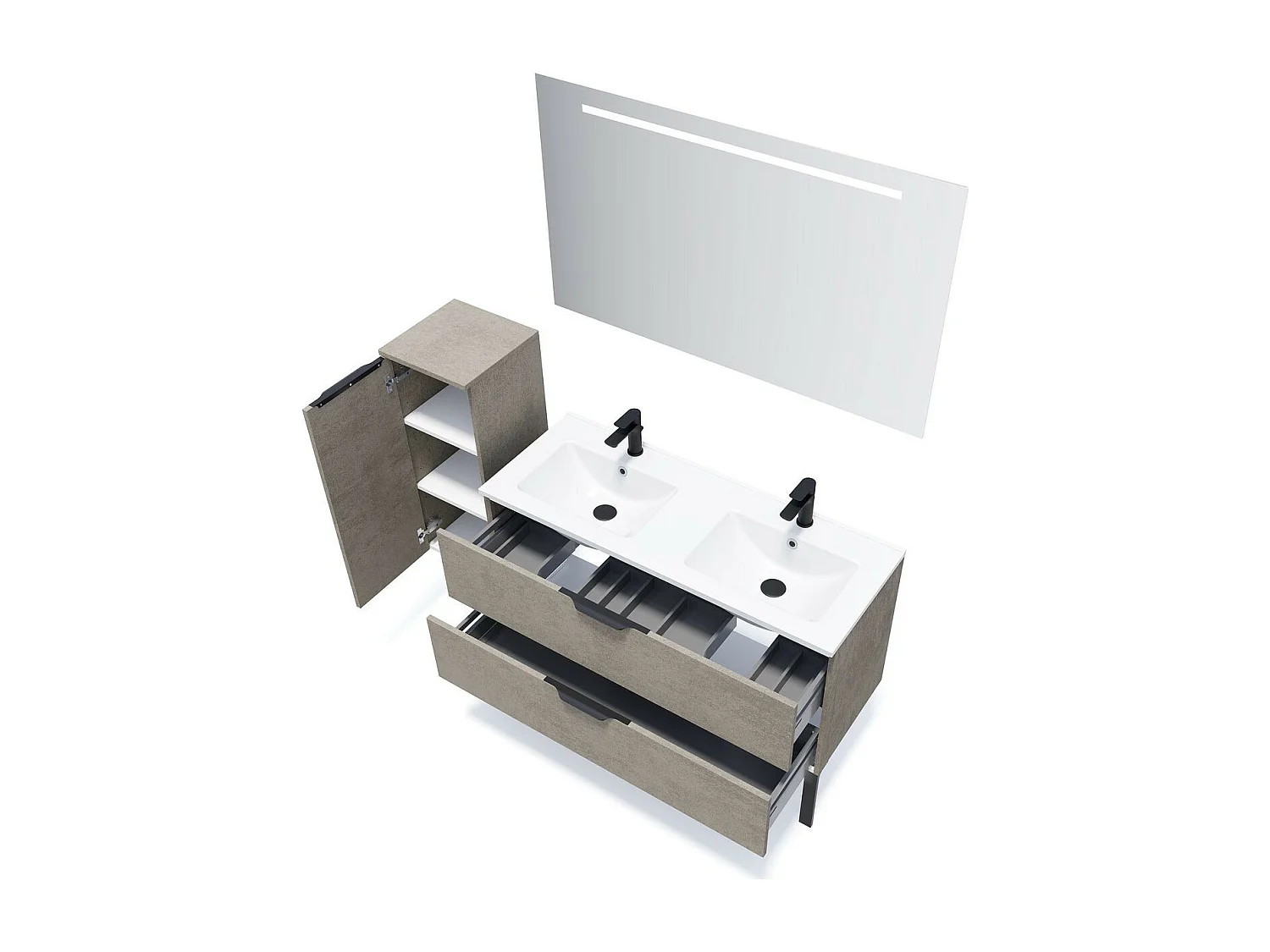 Meuble de salle de bain suspendu double vasque intégrée 120cm 2 tiroirs façon Béton + miroir - Venice