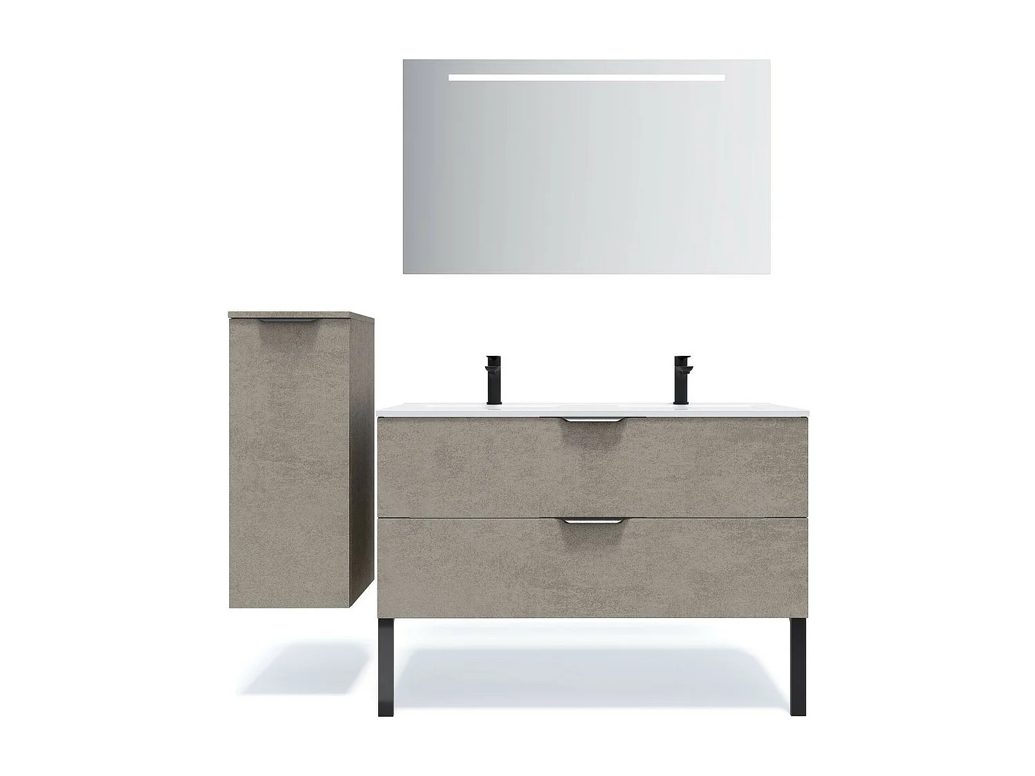 Meuble de salle de bain suspendu double vasque intégrée 120cm 2 tiroirs façon Béton + miroir - Venice