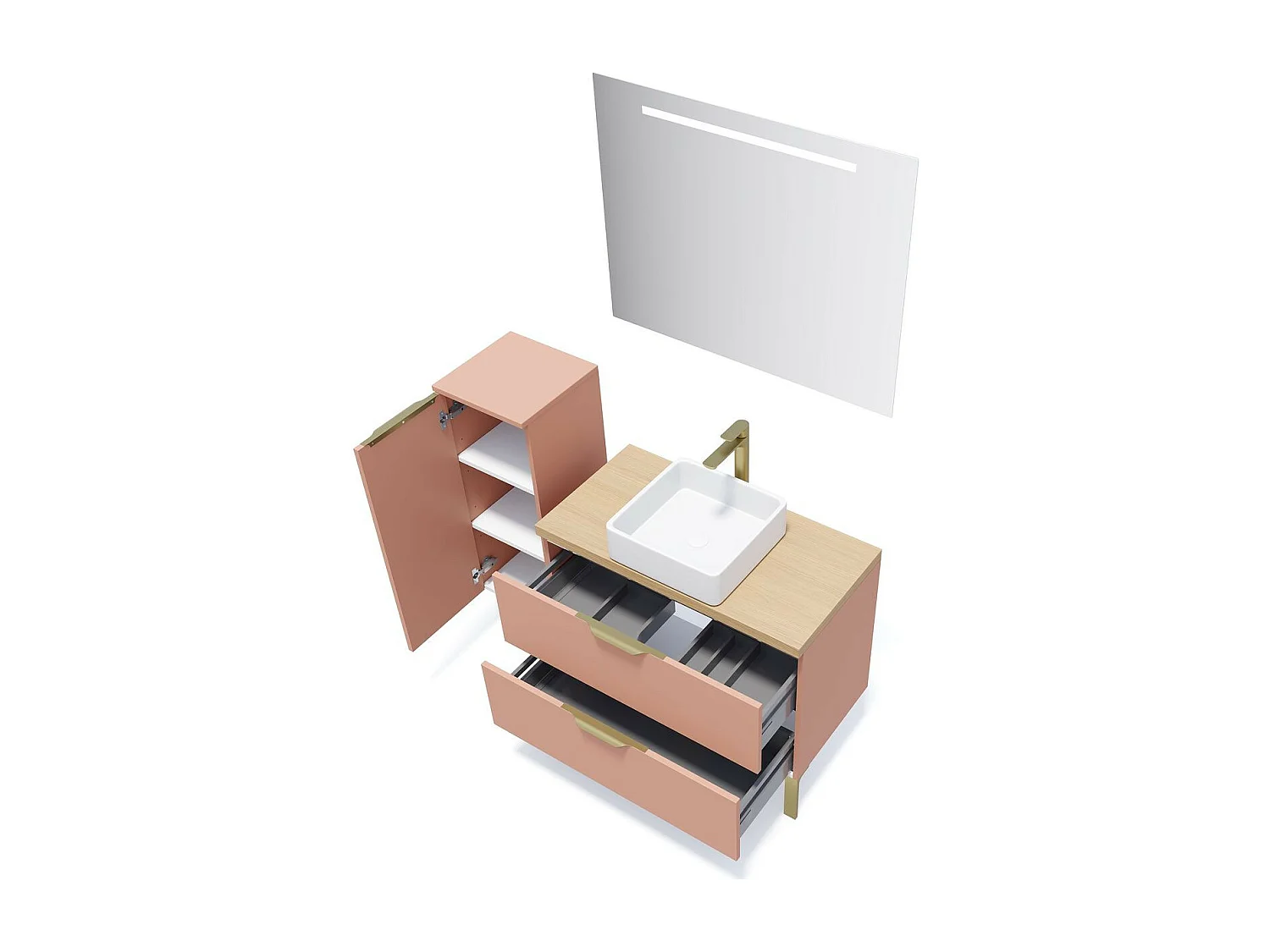 Meuble de salle de bain suspendu vasque à poser 90cm 2 tiroirs Abricot + miroir - Venice