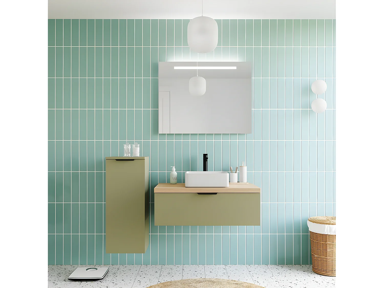 Meuble de salle de bain suspendu vasque à poser 90cm 1 tiroir Vert olive - Soho